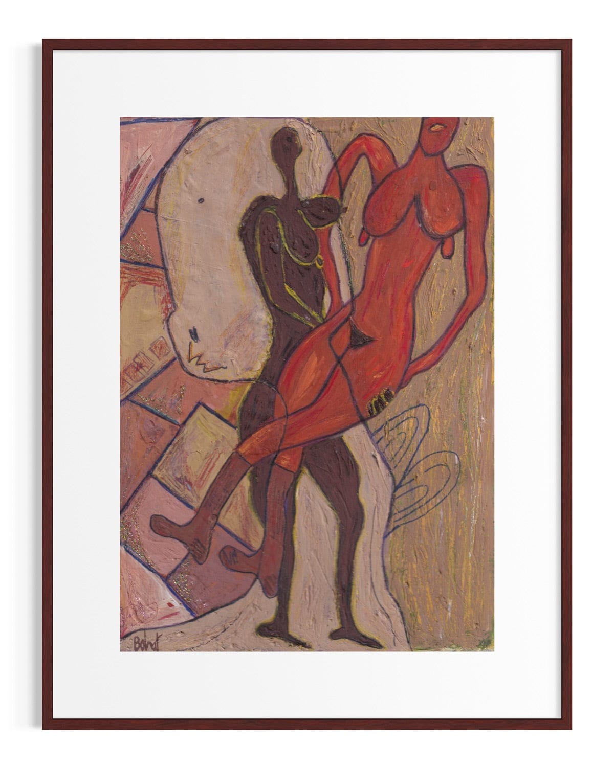 Framed artwork of two abstract figures in red and brown against a beige background