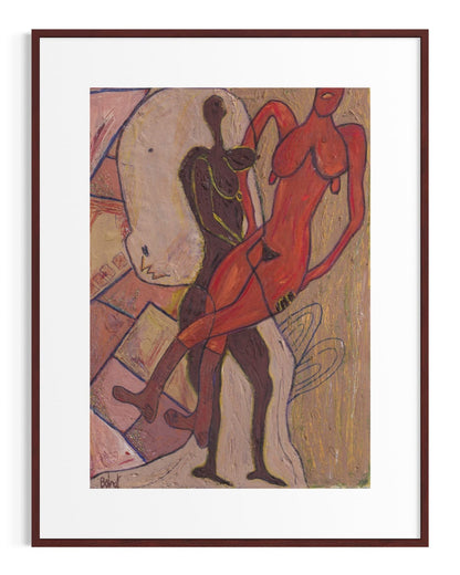 Framed artwork of two abstract figures in red and brown against a beige background