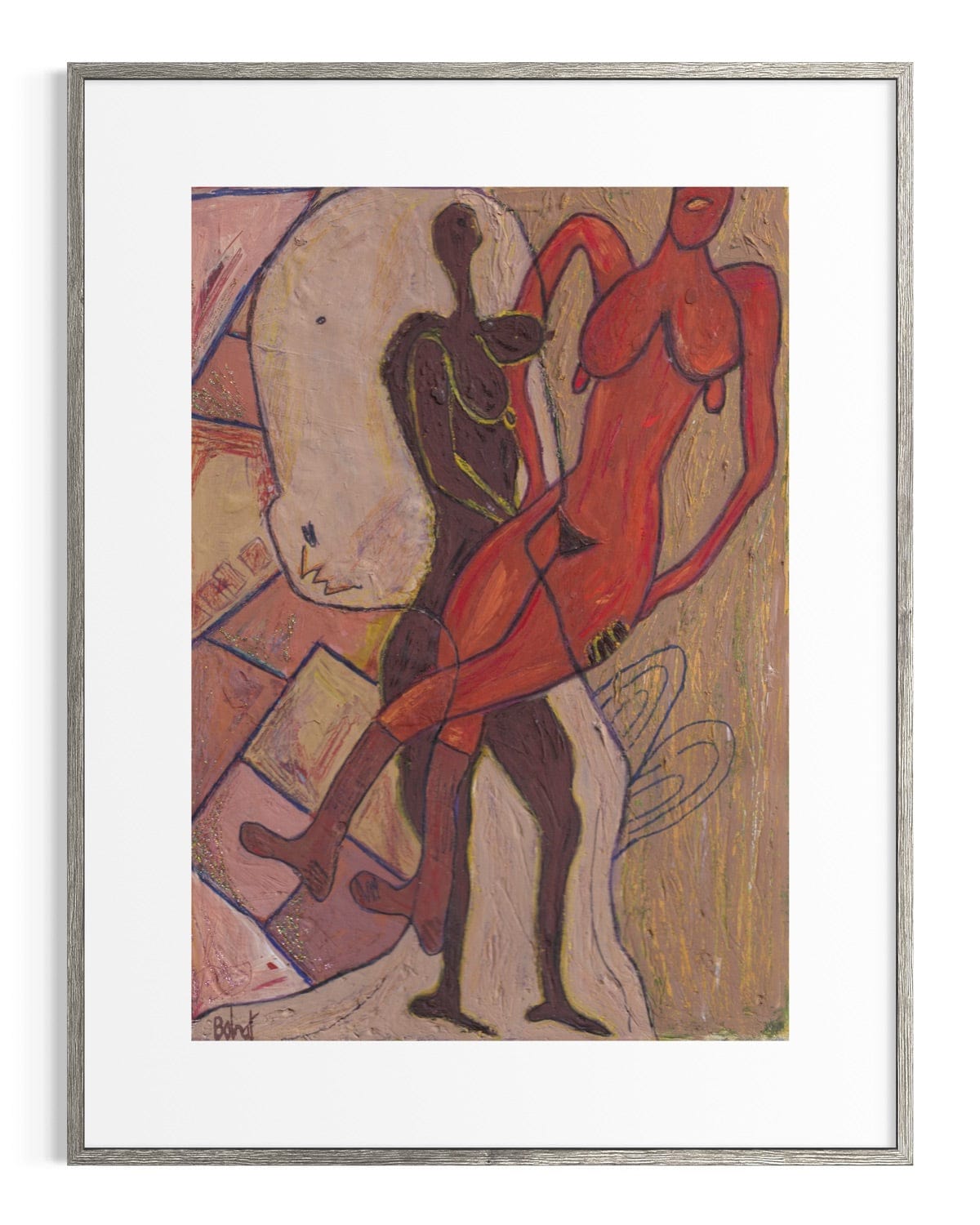 Framed artwork of two abstract figures in red and brown against a beige background