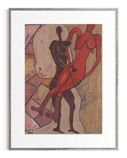 Framed artwork of two abstract figures in red and brown against a beige background