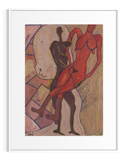 Framed artwork of two abstract figures in red and brown on a textured background