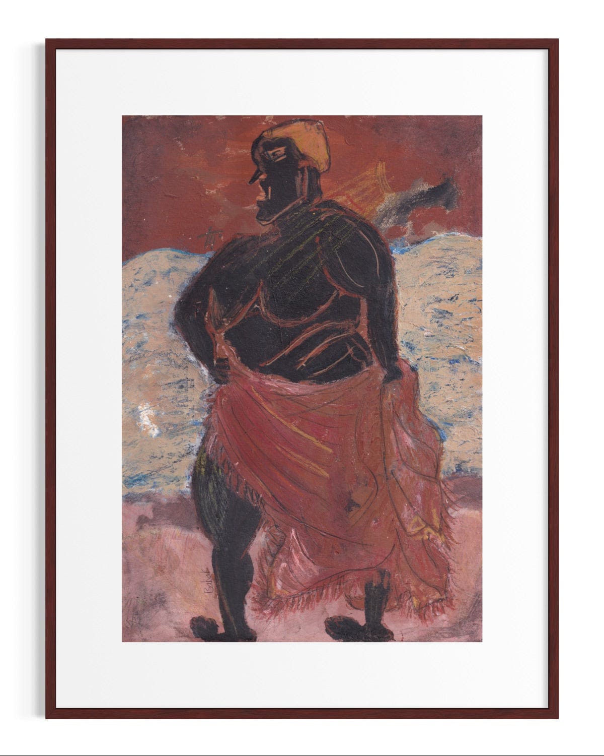 Framed artwork of a figure with a red garment against a textured background