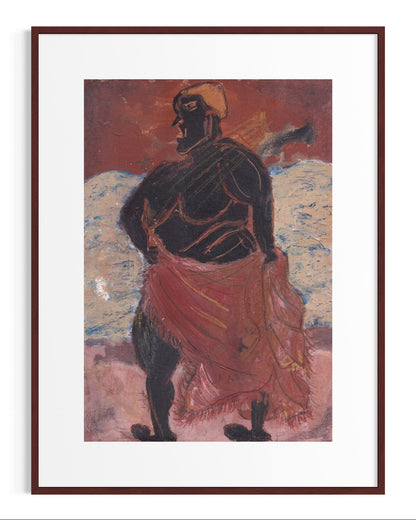 Framed artwork of a figure with a red garment against a textured background