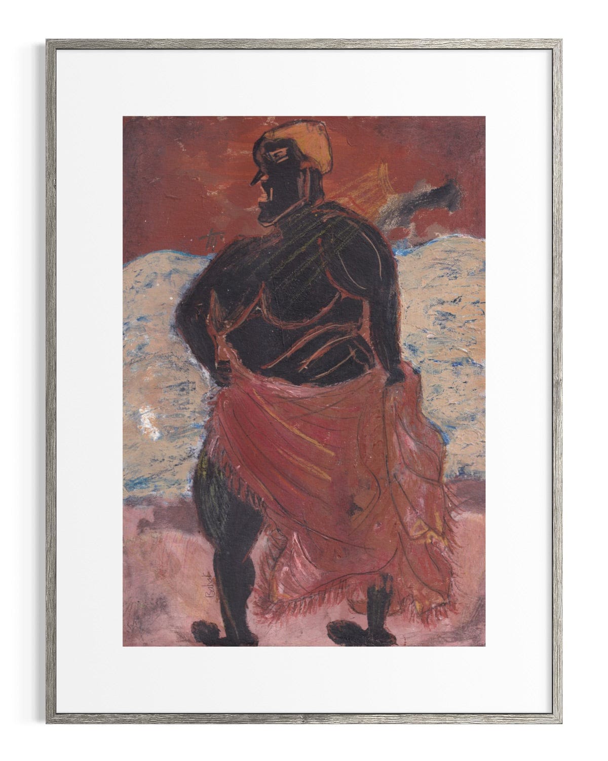 Framed artwork of a figure with a red garment against a textured background