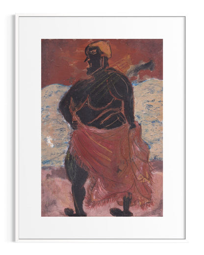 Framed artwork of a figure with a red garment against a textured background