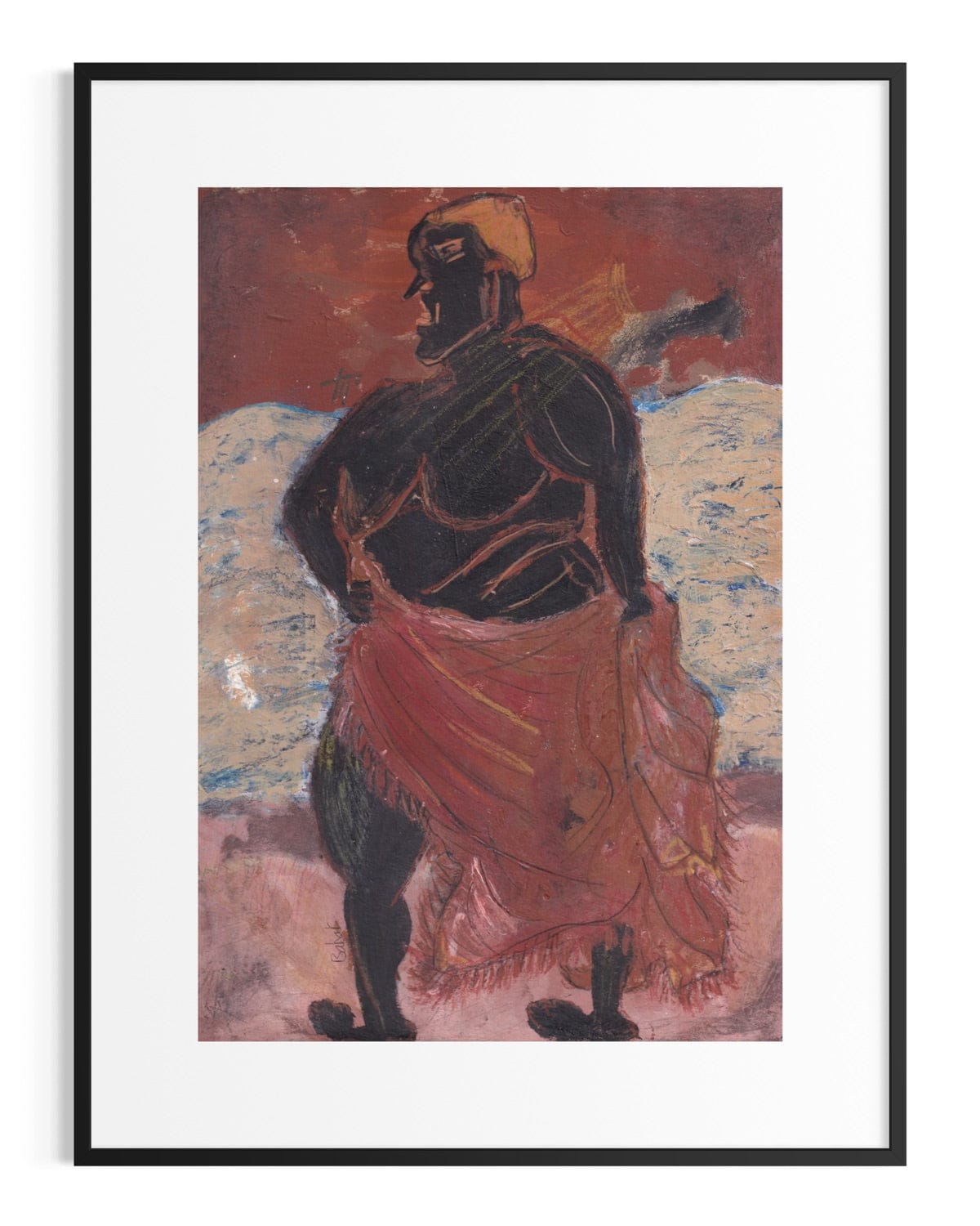 Framed artwork of a figure with a red garment against a textured background
