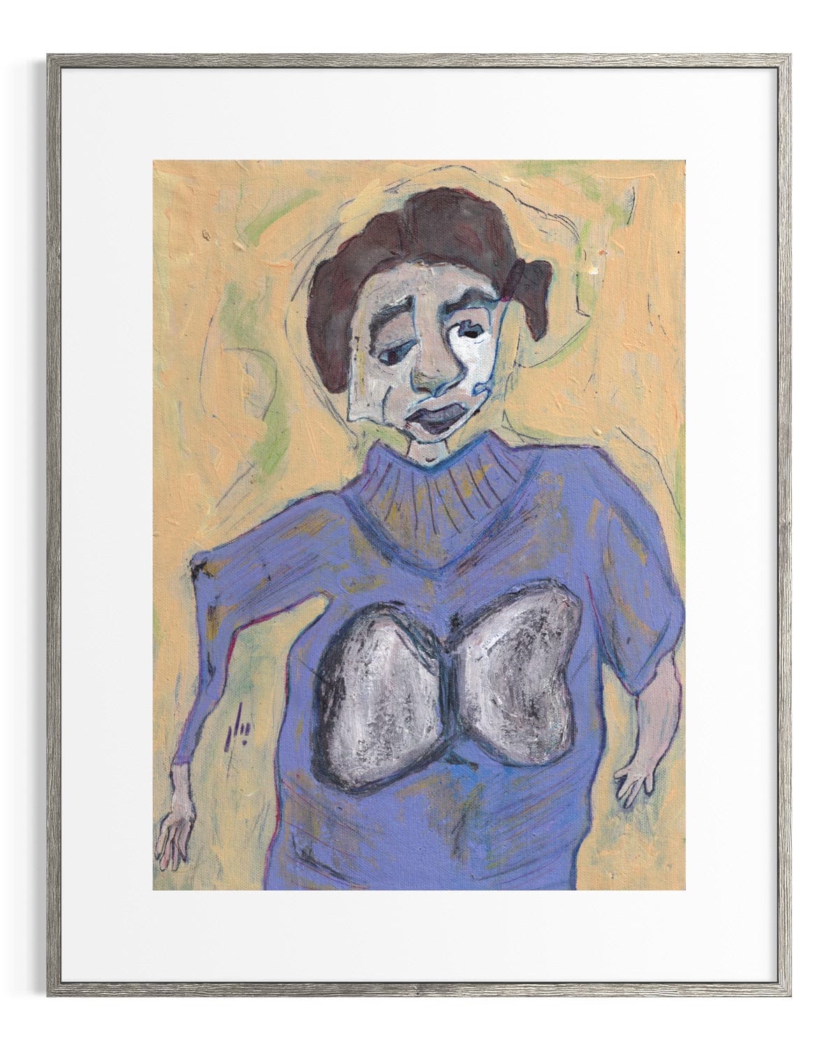 Framed artwork of a stylized figure wearing a blue sweater with a large round object on the chest against a yellow background.