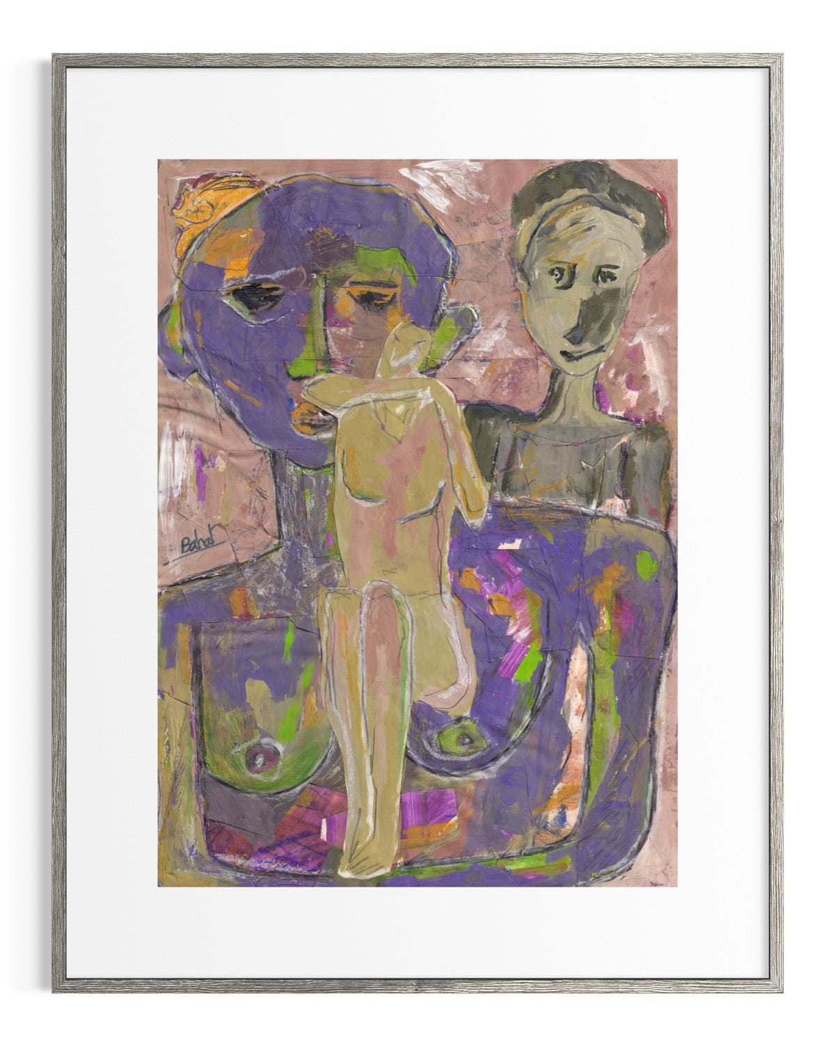 Abstract artwork of two figures with a colorful background