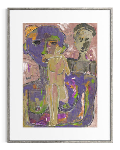 Abstract artwork of two figures with a colorful background