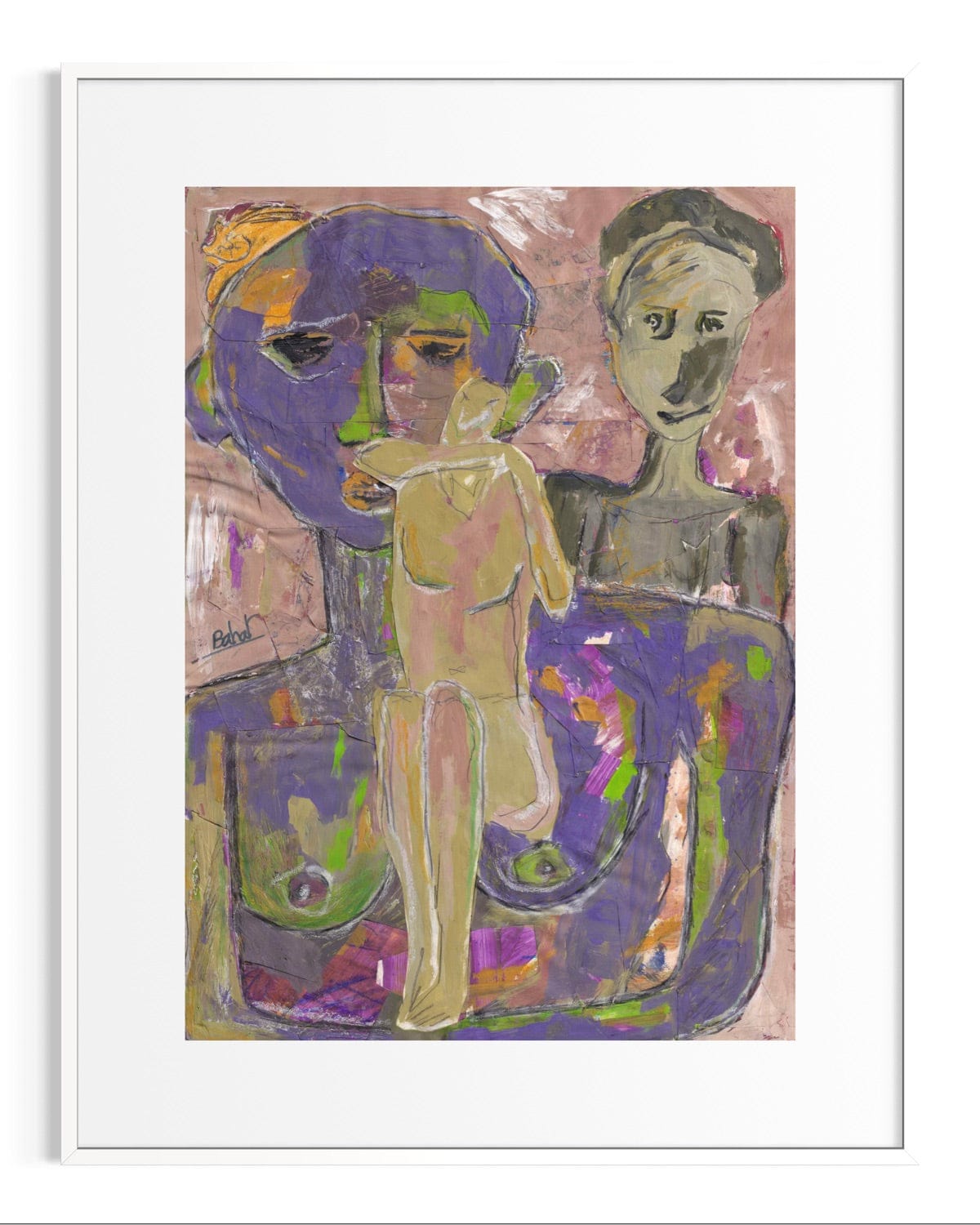 Abstract artwork of two figures with vibrant colors and a white frame.