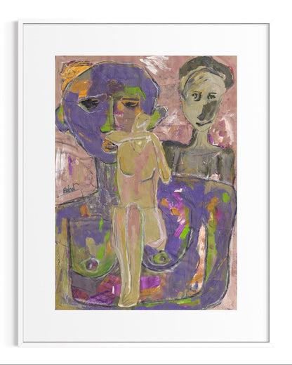 Abstract artwork of two figures with vibrant colors and a white frame.