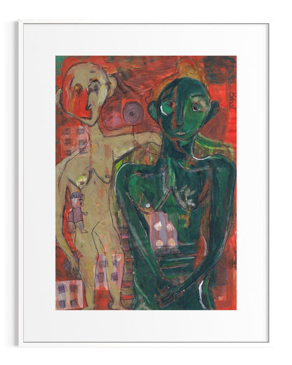 Abstract artwork of two figures with a white frame