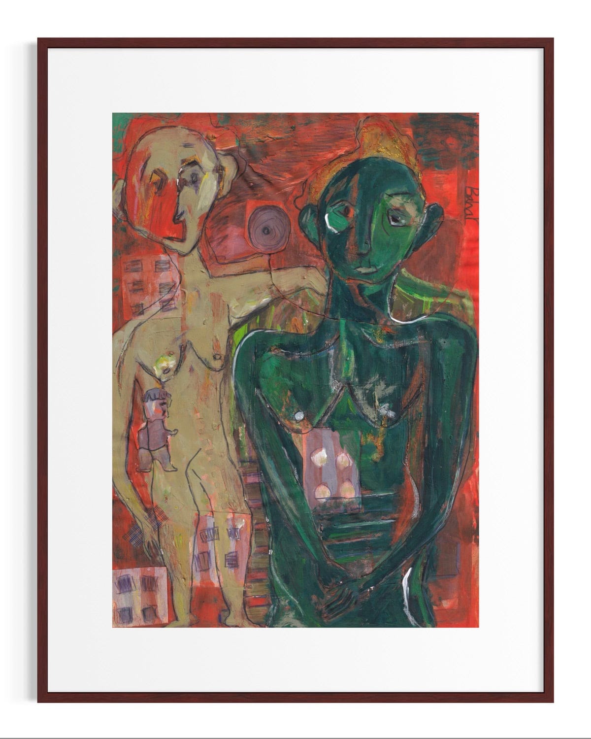 Framed abstract artwork with two figures in a warm color palette.