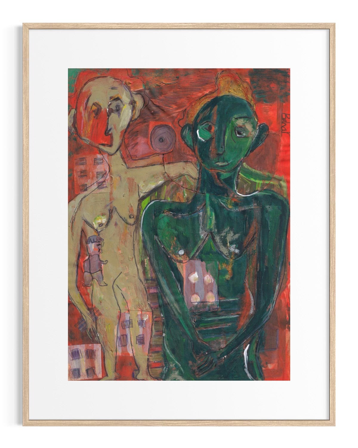 Framed abstract artwork with two figures, one green and one beige, against a red background.