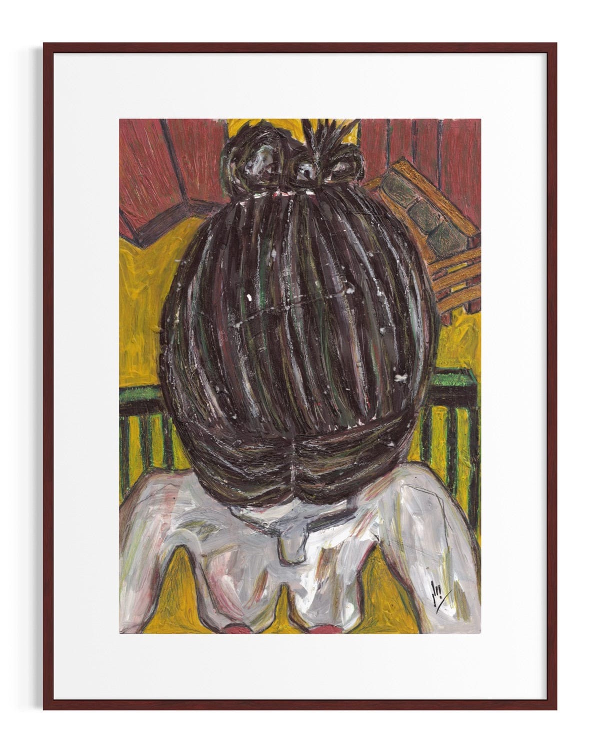 Framed artwork of a stylized figure with a large head and minimal features.