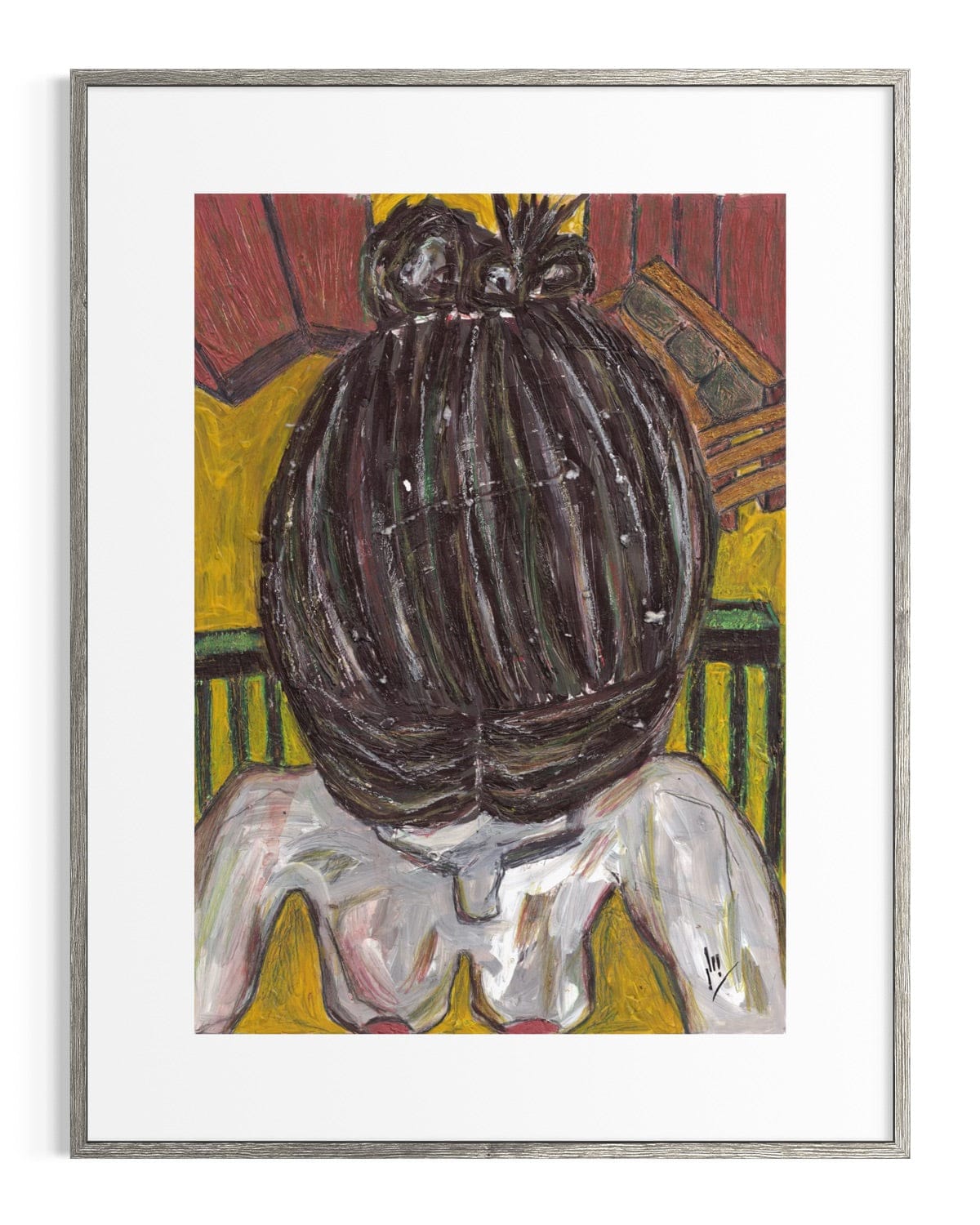 Framed artwork of a stylized figure with a large head and minimal details on a colorful background.