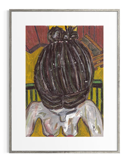 Framed artwork of a stylized figure with a large head and minimal details on a colorful background.