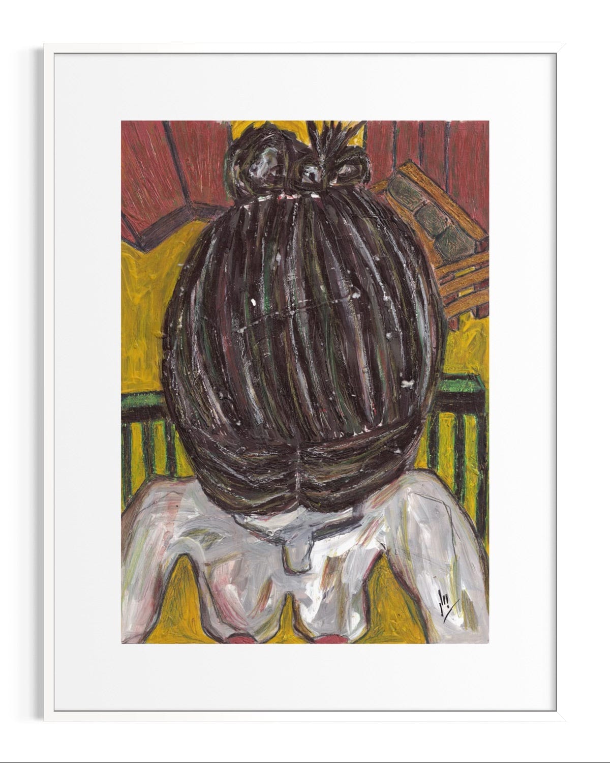 Framed artwork of a stylized figure with a large head and minimal features on a colorful background.