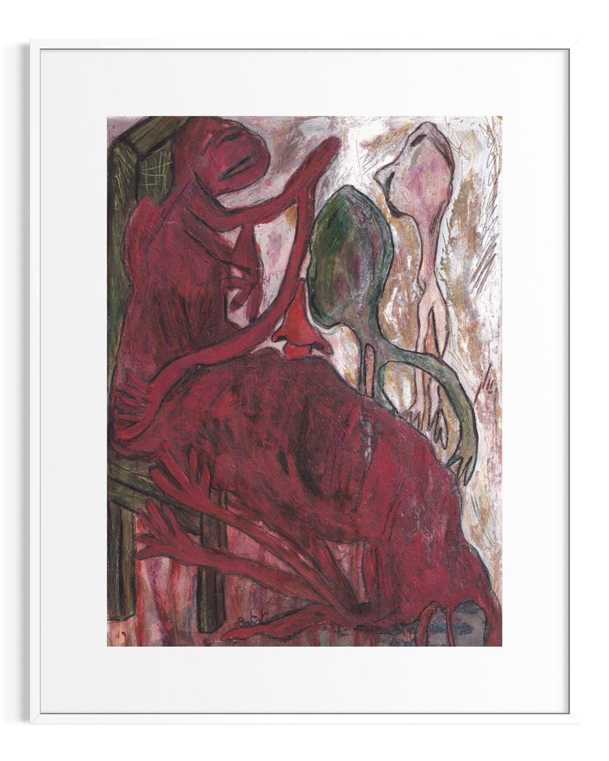 Abstract artwork with red and brown tones on a white background