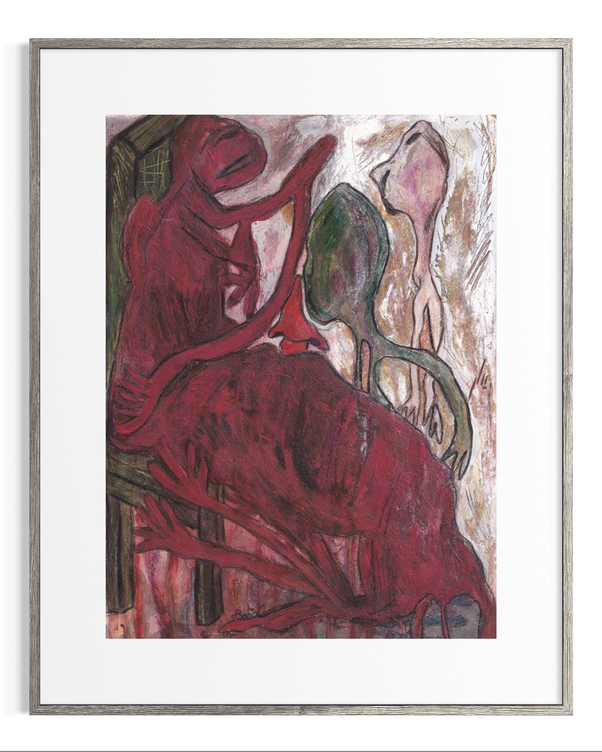 Framed abstract artwork with red and green colors on a white background