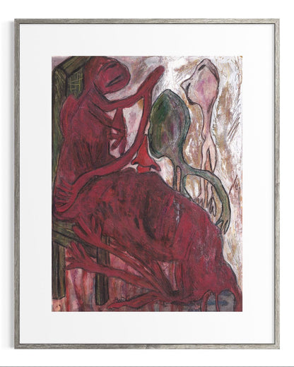 Framed abstract artwork with red and green colors on a white background