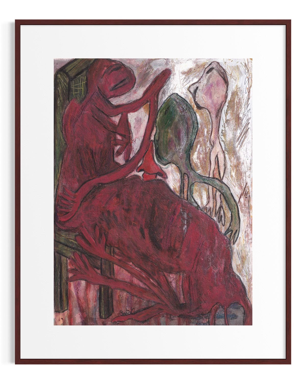 Abstract artwork with red and green figures in a brown frame