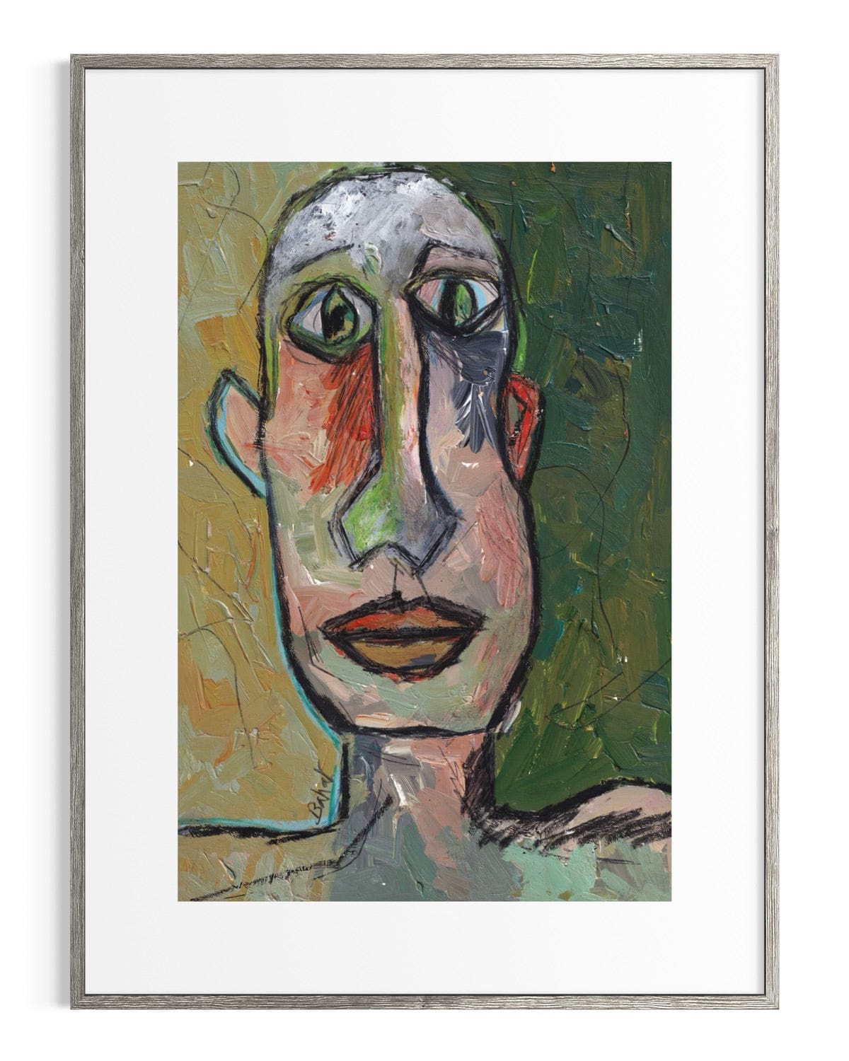 Abstract painting of a face in a silver frame