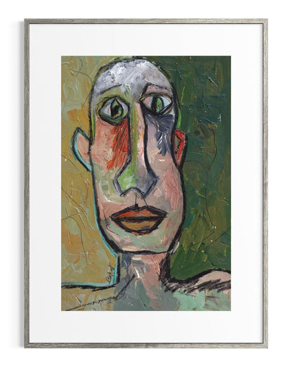 Abstract painting of a face in a silver frame
