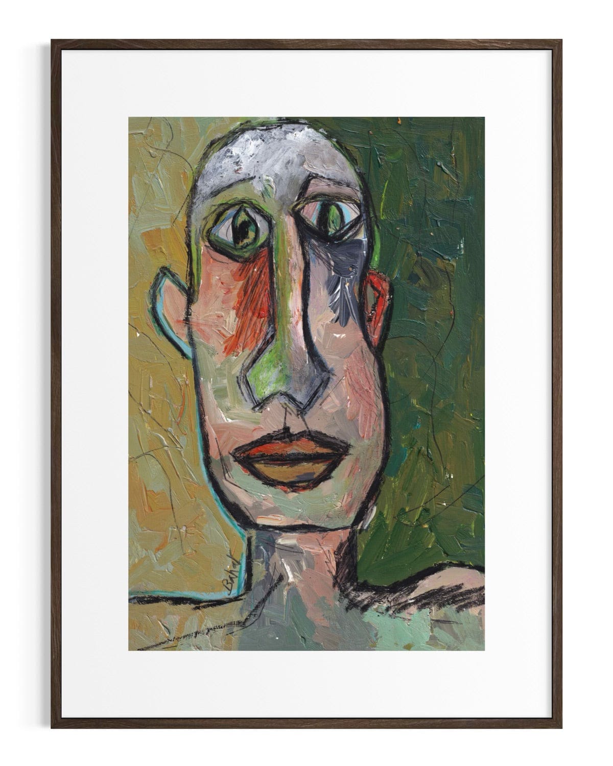 Framed abstract painting of a face with a white border