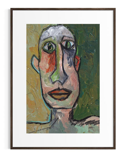 Framed abstract painting of a face with a white border