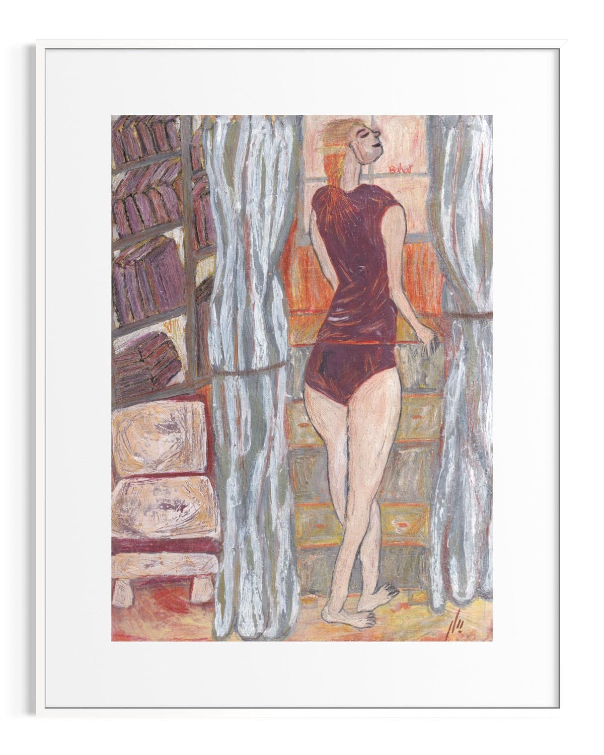 Artistic depiction of a person in a red swimsuit standing by a window with curtains.