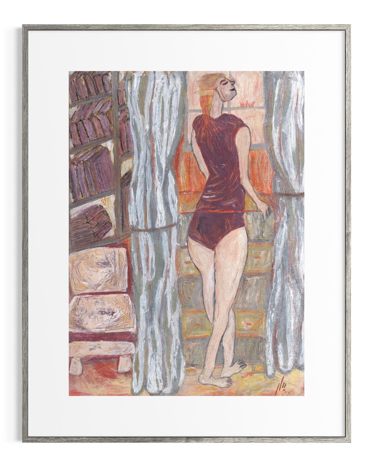 Framed artwork of a woman in a red dress standing by curtains.