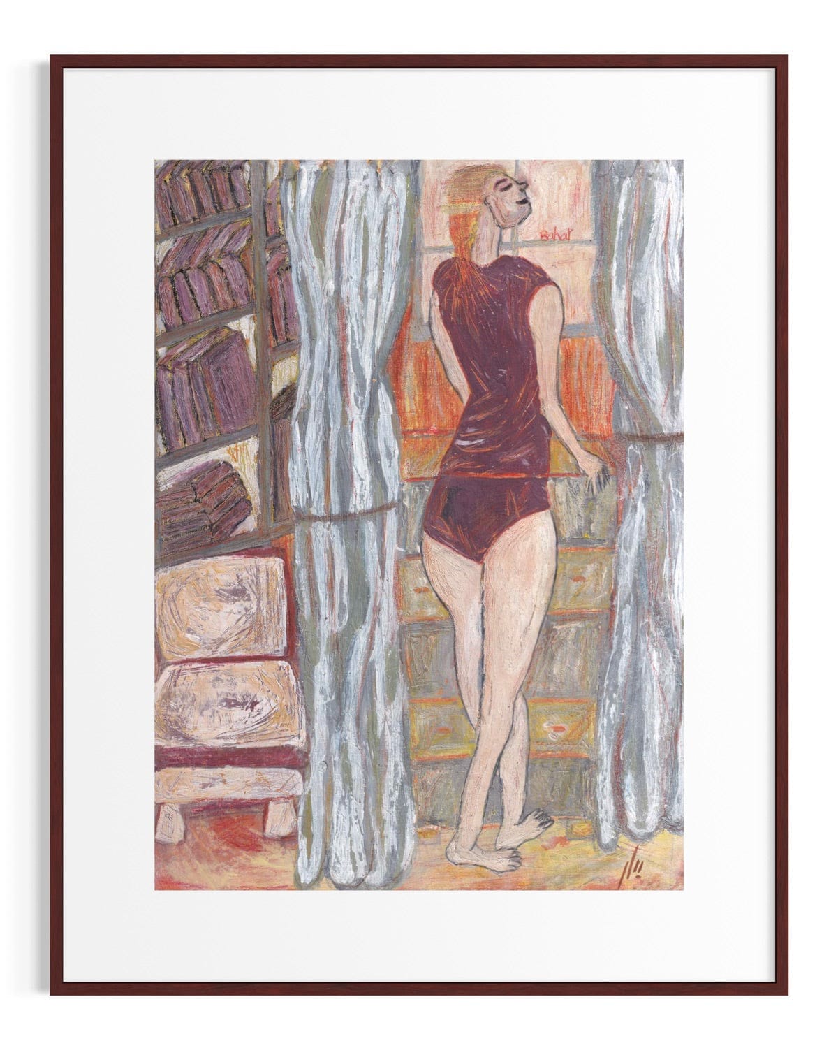 Framed artwork of a woman in a red dress standing by curtains.