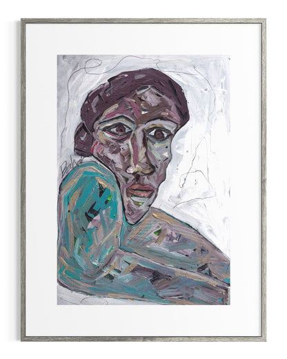 Framed abstract painting of a face with a white background