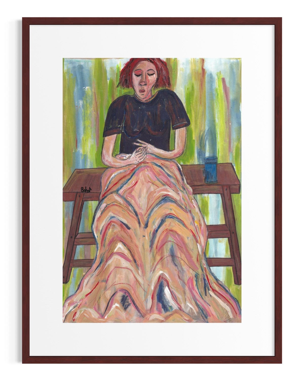 Framed artwork of a woman sitting on a bench with a colorful dress.