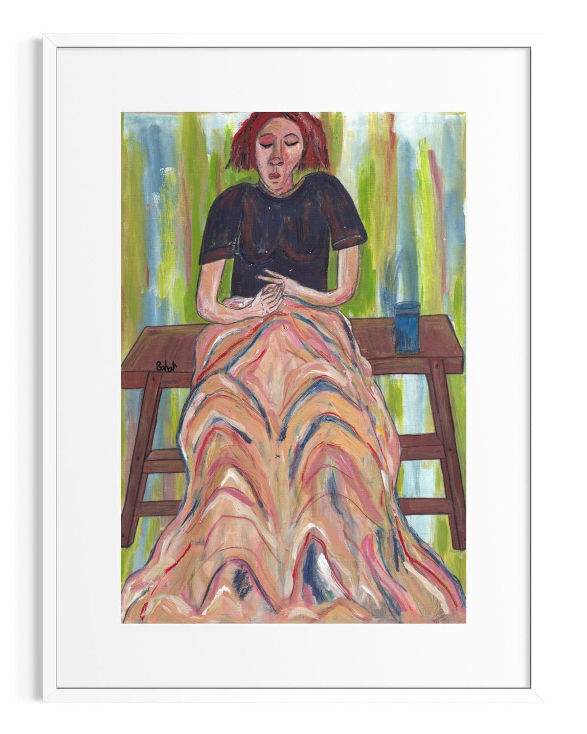 Artistic depiction of a woman sitting on a bench with a colorful dress against a blurred natural background.
