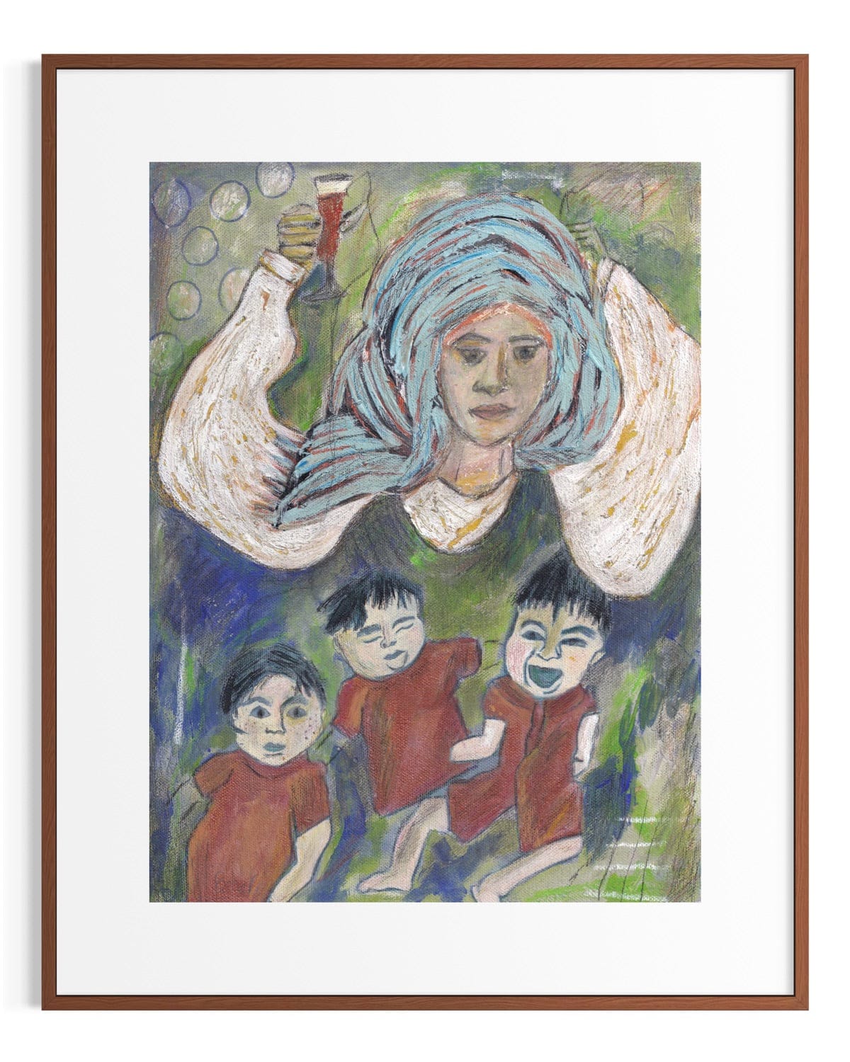 Framed artwork of a woman with children, featuring a stylized, possibly abstract design.