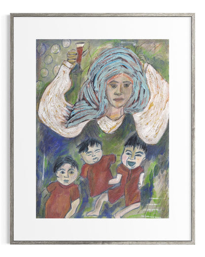Framed artwork of a woman with blue hair and three children in red shirts.