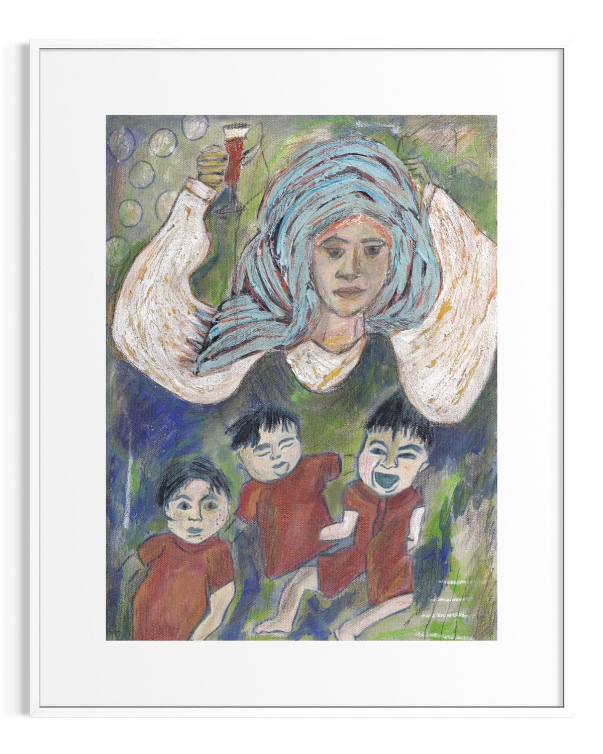 Framed artwork of a woman with blue hair and three children in red shirts.