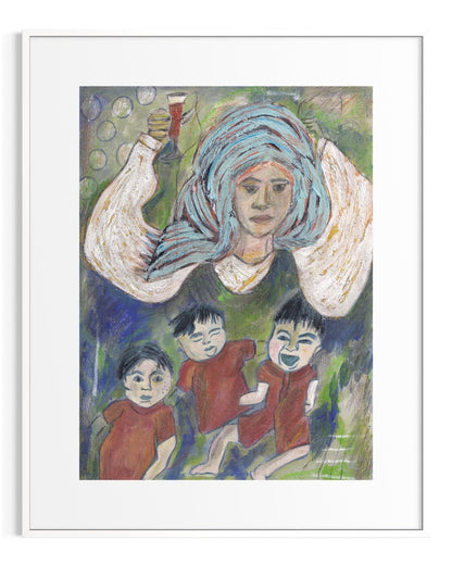 Framed artwork of a woman with blue hair and three children in red shirts.