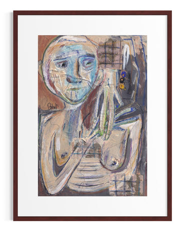Framed abstract artwork of a human figure with a brown border