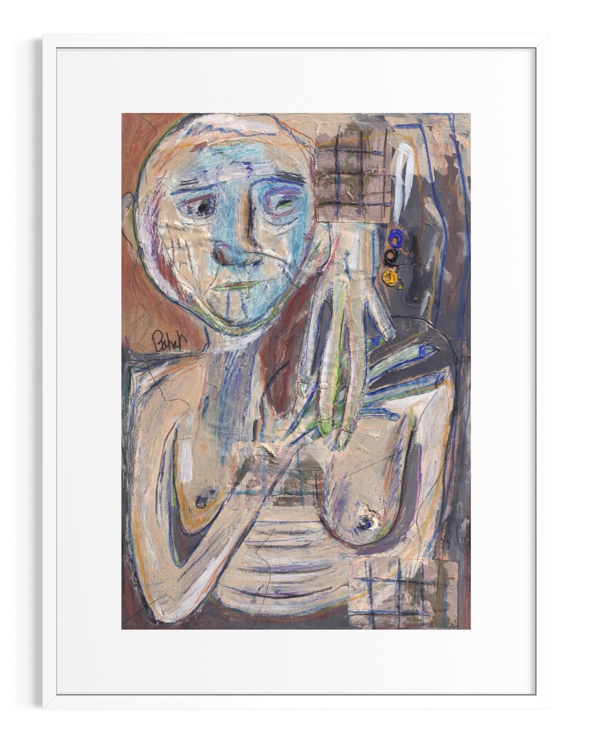 Abstract artwork of a figure with a white border