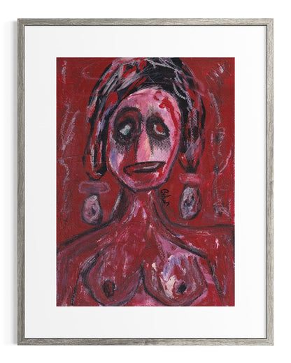 Abstract painting of a figure on a red background with a gray frame.