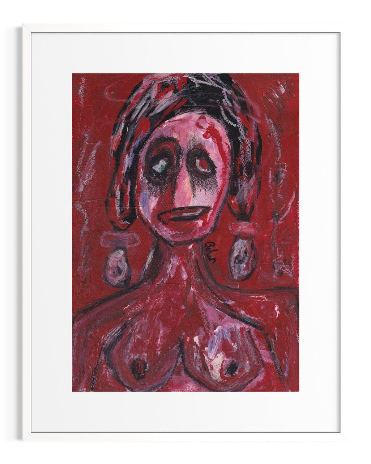 Abstract painting of a figure with a red background