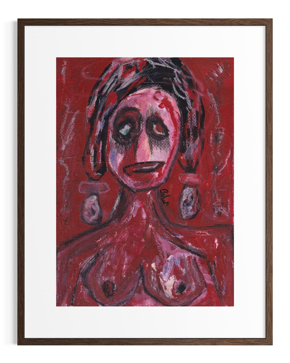 Framed abstract painting of a figure on a red background