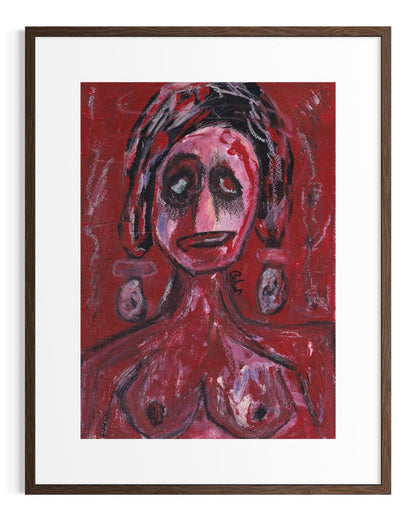 Framed abstract painting of a figure on a red background