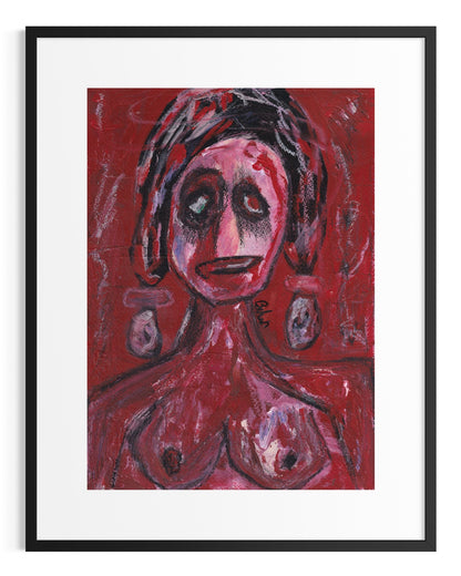 Framed abstract painting with a red background and black frame