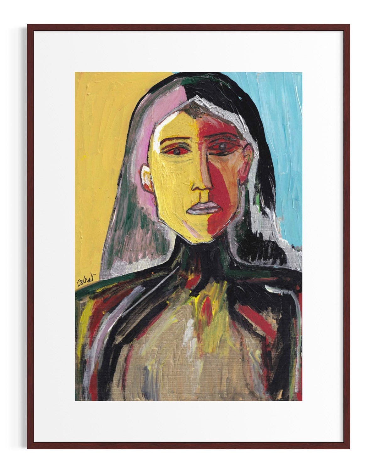 Framed abstract painting of a woman's face with bold colors on a white background