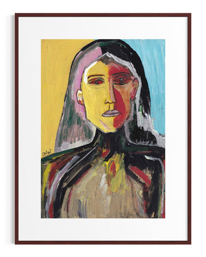 Framed abstract painting of a woman's face with bold colors on a white background