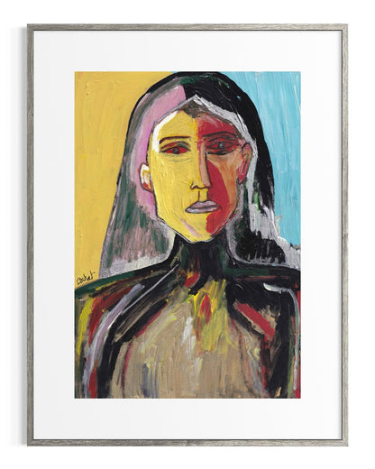 Framed abstract painting of a woman's portrait with bold colors on a white background